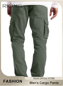 RIOXS Men's Cargo Pants, Casual Work Pants With Pockets, Cotton Hiking Sweatpants For Men, Mes Athletic Jogger Sports Outdoor Trousers, Relaxed Fit Joggers Pants, Open Bottom Drawstring Trousers  - Image 2