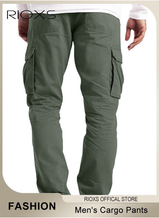 RIOXS - Men's Cargo Pants, Casual Work Pants With Pockets, Cotton Hiking Sweatpants For Men, Mes Athletic Jogger Sports Outdoor Trousers, Relaxed Fit Joggers Pants, Open Bottom Drawstring Trousers - Image 1