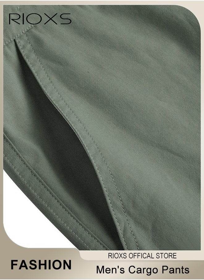 RIOXS - Men's Cargo Pants, Casual Work Pants With Pockets, Cotton Hiking Sweatpants For Men, Mes Athletic Jogger Sports Outdoor Trousers, Relaxed Fit Joggers Pants, Open Bottom Drawstring Trousers - Image 1