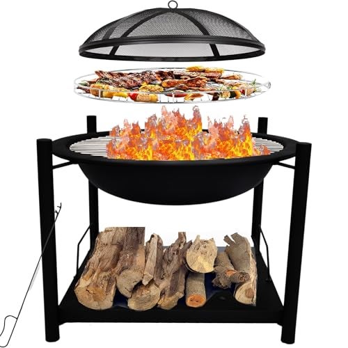SereneLife Outdoor Wood Fire Pit - 26" Steel BBQ Grill with Mesh Spark Screen, Log Grate, Fire Poker & Cover for Camping, Picnic, Bonfire - Durable, Easy to Assemble, 2 in 1 - Image 1