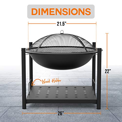SereneLife Outdoor Wood Fire Pit - 26" Steel BBQ Grill with Mesh Spark Screen, Log Grate, Fire Poker & Cover for Camping, Picnic, Bonfire - Durable, Easy to Assemble, 2 in 1 - Image 3