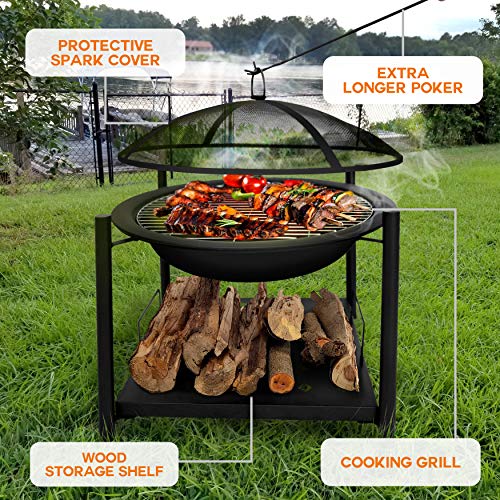 SereneLife Outdoor Wood Fire Pit - 26" Steel BBQ Grill with Mesh Spark Screen, Log Grate, Fire Poker & Cover for Camping, Picnic, Bonfire - Durable, Easy to Assemble, 2 in 1 - Image 4