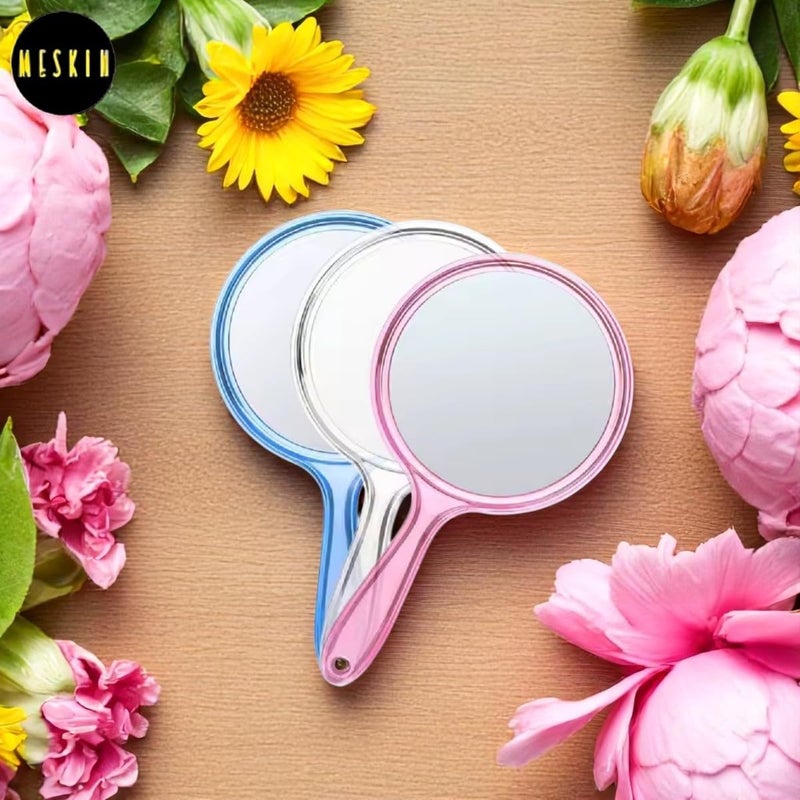 MESKIN Hand Mirror with Handle – Multicolor Round Shape, Clear Plastic Frame, Portable Vanity Mirror for Makeup, Grooming & Touch-Ups (Pack of 1) - Image 4