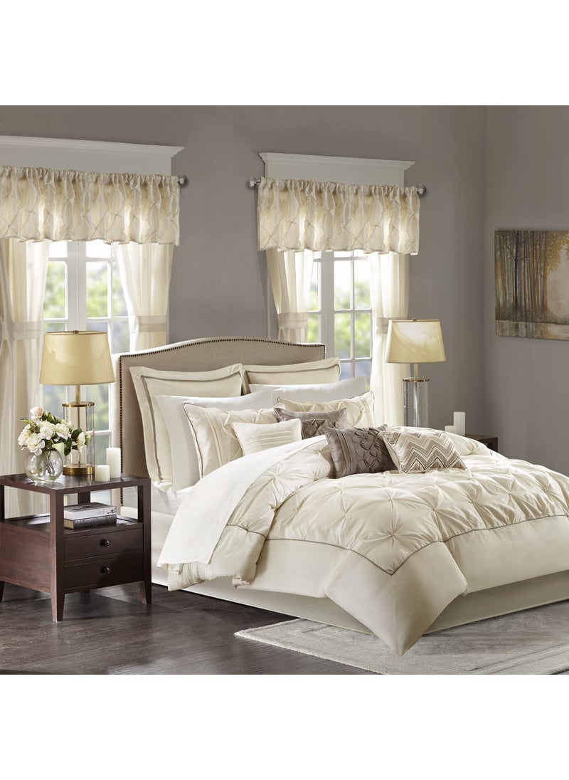 madison park Madison Park Essentials Room in a Bag Faux Silk Comforter Set  Luxe Diamond Tufting All Season Bedding Matching Curtains Decorative Pillows Ivory Queen90x90 24 Piece 