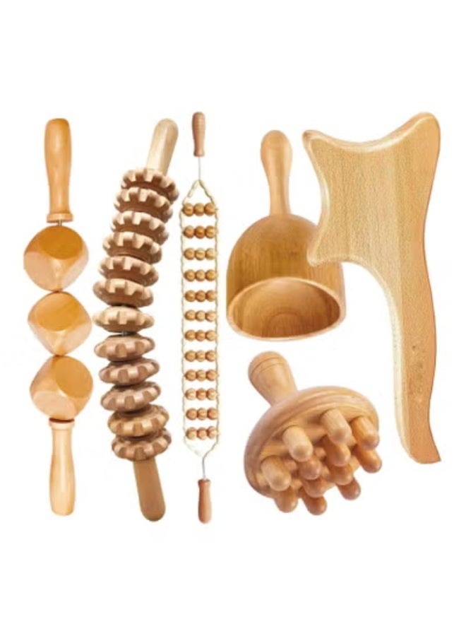 Loquat 6-in-1 Wood Therapy Massage Tools Maderotherapy Kit for Body Shaping, Anti-Cellulite, and Lymphatic Drainage, Curved Wooden Massager and Roller Set for Legs and Stomach  - Image 1