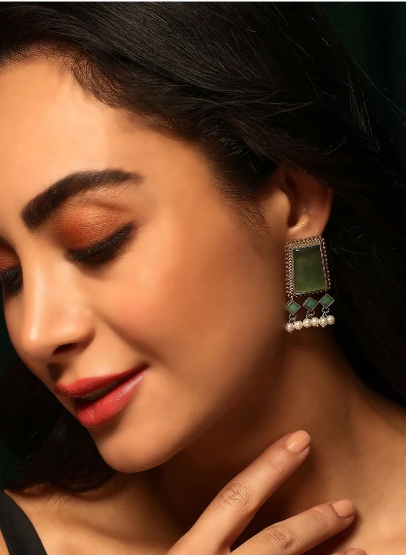 Priyaasi Emerald Stone Studded Contemporary Oxidised Drop Earrings