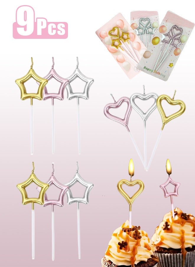 9 Pcs Heart and Star Shaped Birthday Cake Candles Set, Includes 6 Star Birthday Candles and 3 Heart Birthday Candles, Candle Ornament for Birthday Wedding Anniversary ect - Image 1