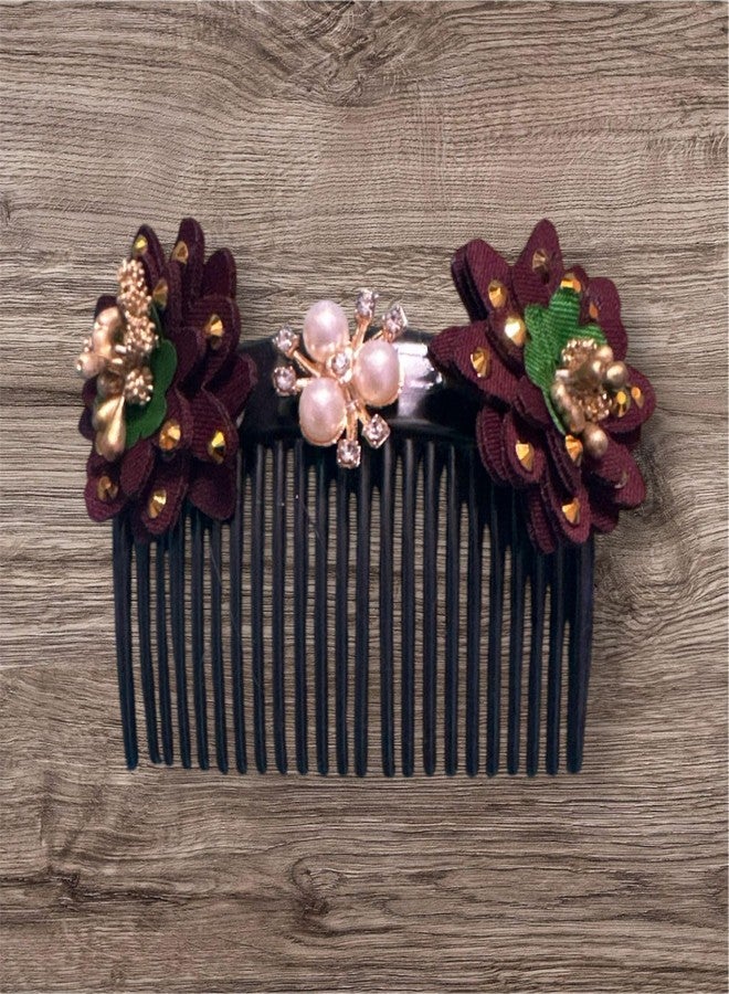 CROWNNIMREET Comb Hair Clip with Cloth Flower with Pearl Western Side Pin, Hair Accessories for Women and Girls (Purple, Pack of 2) - Image 2