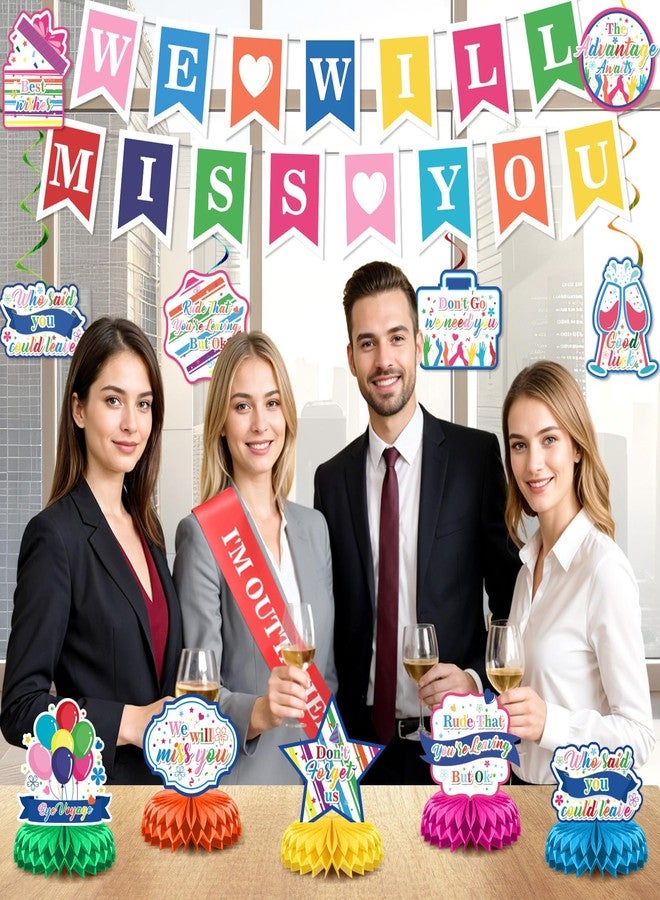 Wayyogh زينة حفلات الوداع، لافتة ملونة مكتوب عليها "سنفتقدك"، قطعة مركزية على شكل خلية نحل، خلفية مكتوب عليها "من غير اللائق أن تغادر، لكن لا بأس"، زينة حلزونية معلقة لحفلات وداع زملاء العمل بمناسبة التقاعد أو التخرج. - Image 4