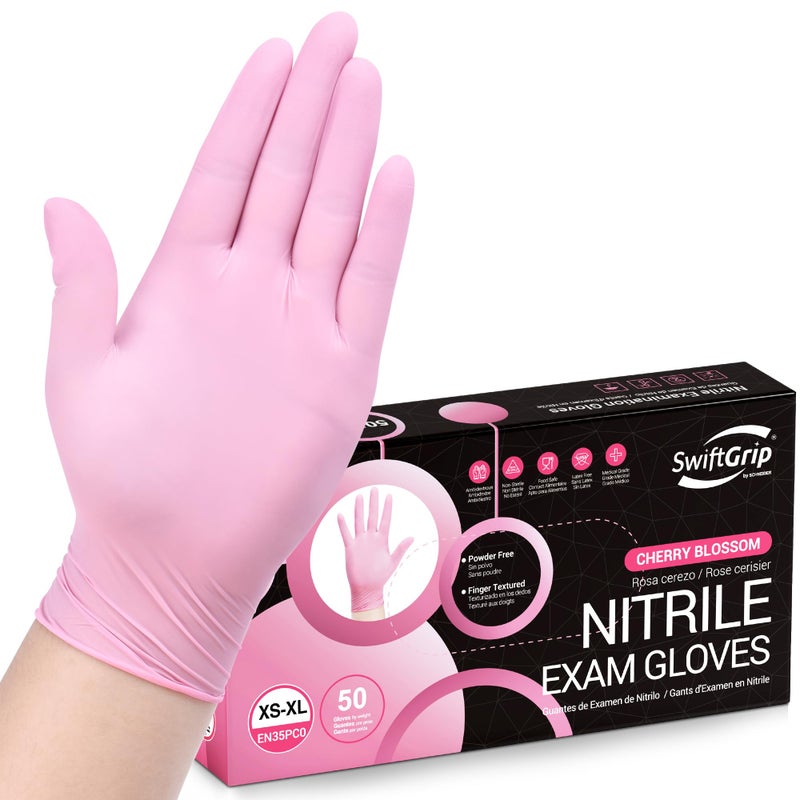SwiftGrip Pink Disposable Exam Gloves XSmall 50ct Box PowderFree LatexFree Medical Grade Gloves for Cleaning Esthetician