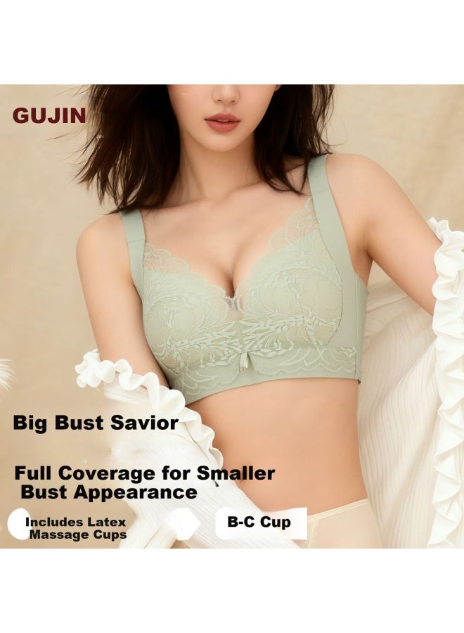 Gujin Women's Large Bust Minimizing Push-up Lace Wireless Bra Anti-sagging Anti-spread Thin Cup Support Bra - Image 1