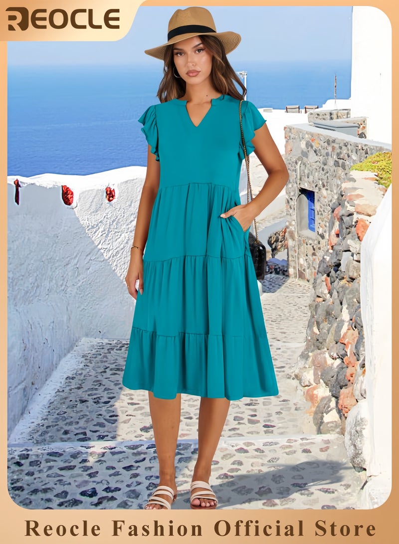 ريوكل فستان صيفي نسائي بأكمام مكشكشة ورقبة على شكل حرف V، فساتين ميدي أنيقة غير رسمية، فستان صيفي بوهو متعدد الطبقات مناسب لقضاء العطلات على الشاطئ - Image 1