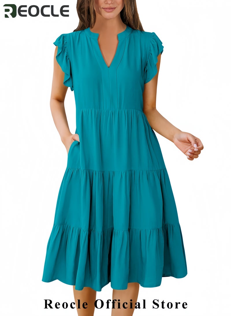 ريوكل فستان صيفي نسائي بأكمام مكشكشة ورقبة على شكل حرف V، فساتين ميدي أنيقة غير رسمية، فستان صيفي بوهو متعدد الطبقات مناسب لقضاء العطلات على الشاطئ - Image 2