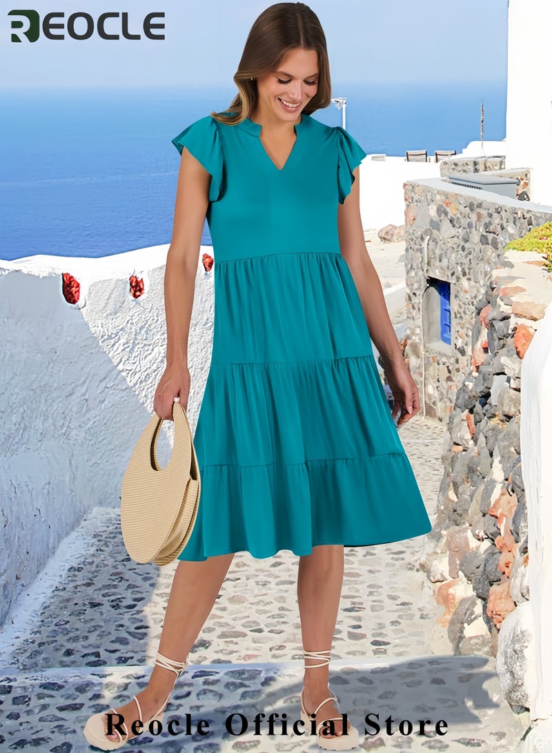 ريوكل فستان صيفي نسائي بأكمام مكشكشة ورقبة على شكل حرف V، فساتين ميدي أنيقة غير رسمية، فستان صيفي بوهو متعدد الطبقات مناسب لقضاء العطلات على الشاطئ - Image 4