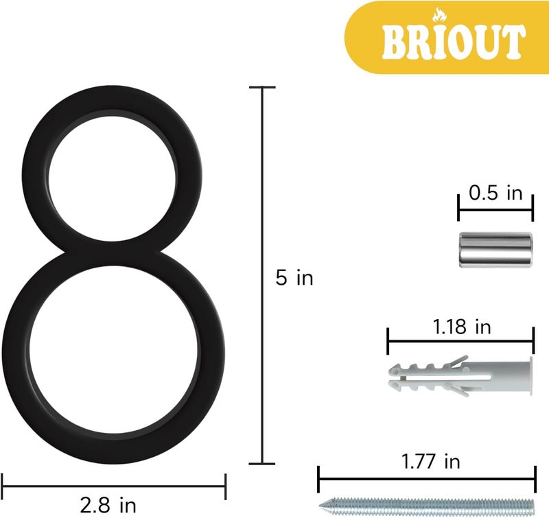 Briout 5" Modern House Numbers for Outside, Address Numbers for House with Nail Kits, Zinc Alloy Exterior House Numbers for Home Door Garden Street, High Gloss Black (8) - Image 2