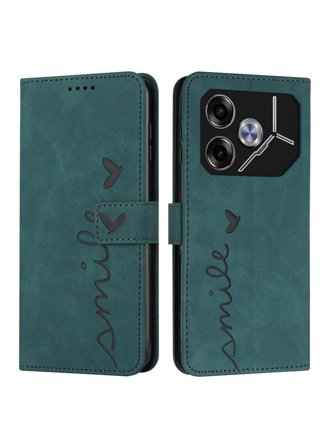 Green Tiger For Tecno Pova 6 Skin Feel Heart Embossed Leather Phone Case with Long Lanyard(Green)