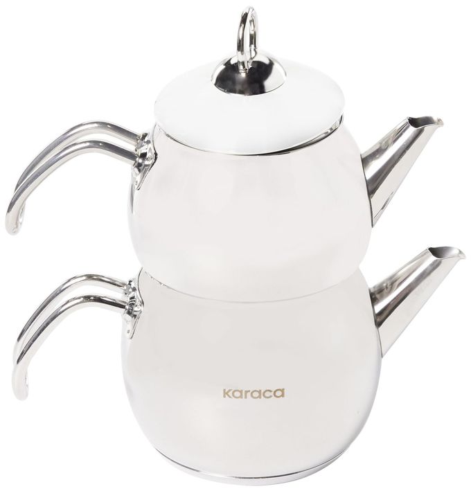Karaca Adelya Teapot Set, Stainless Steel, Tea Pot 21 Oz, Kettle 31 Oz, Silver Black, Suitable For Induction, Tea Maker, Kettle, Turkish Tea Kettle, Tea Maker - Image 1