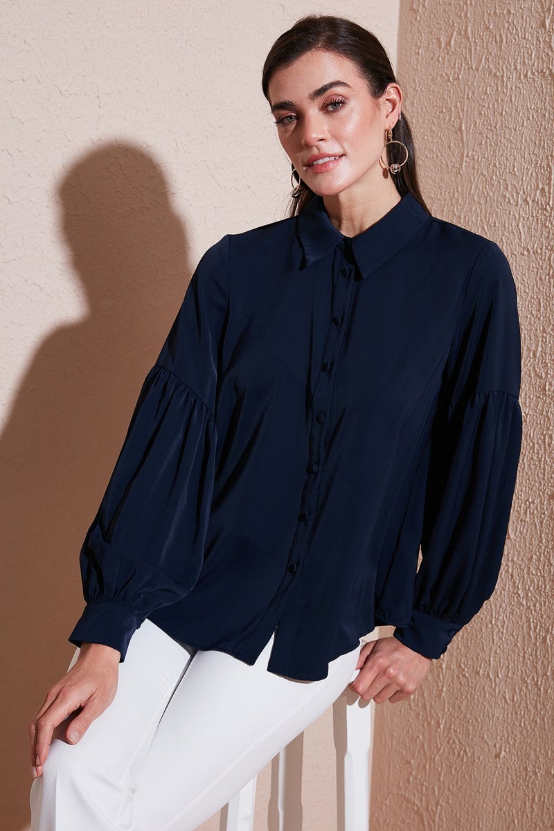 Lela Regular Fit Stitch Detailed Plain Collar Balloon Sleeve Shirt Women's Shirt 611GO00003 - Image 1