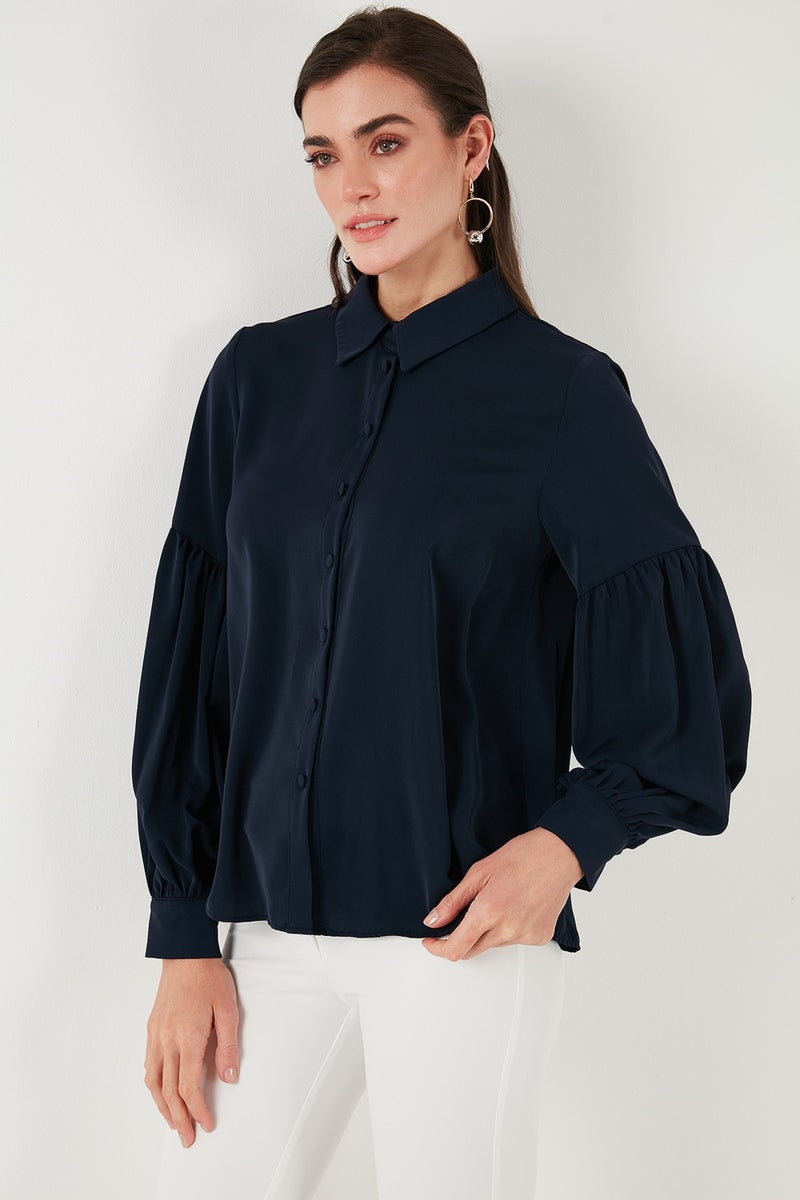 Lela Regular Fit Stitch Detailed Plain Collar Balloon Sleeve Shirt Women's Shirt 611GO00003 - Image 5