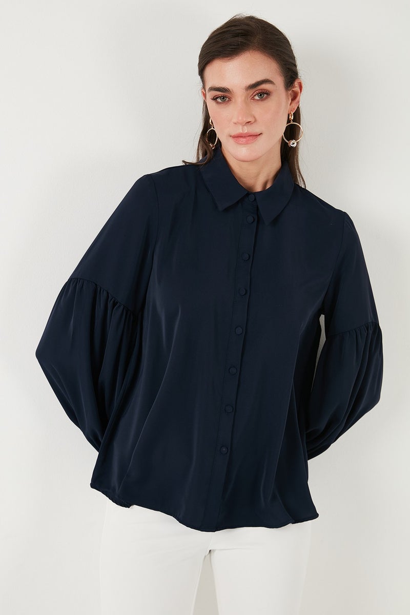 Lela Regular Fit Stitch Detailed Plain Collar Balloon Sleeve Shirt Women's Shirt 611GO00003 - Image 2