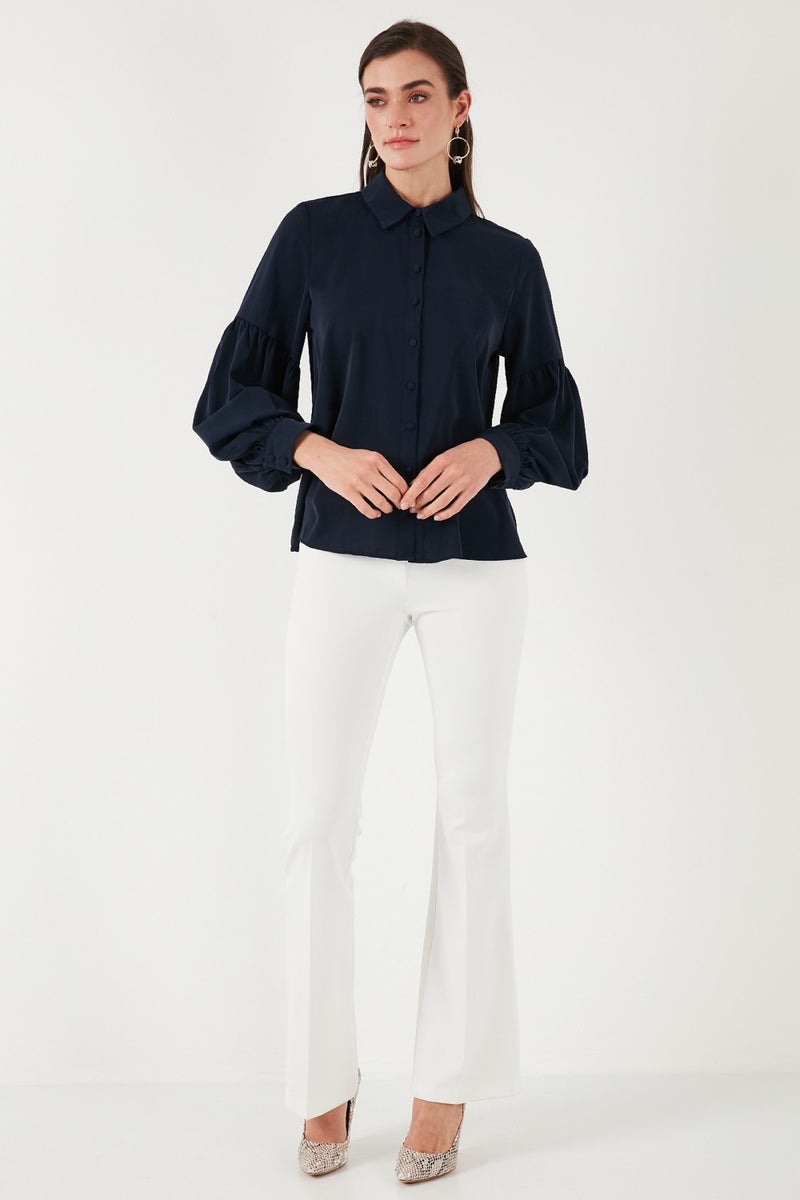 Lela Regular Fit Stitch Detailed Plain Collar Balloon Sleeve Shirt Women's Shirt 611GO00003 - Image 3
