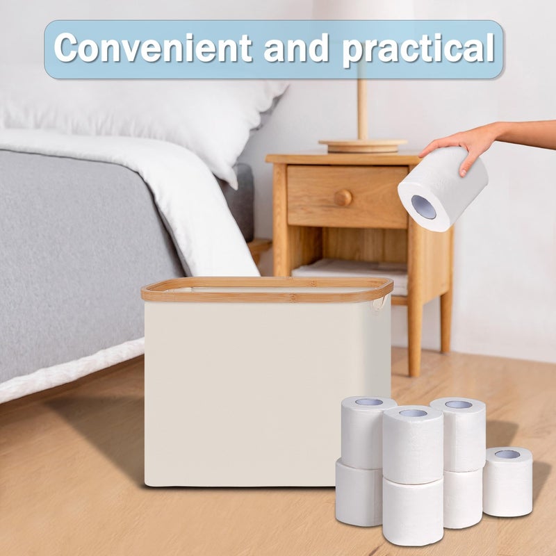 Toilet Paper Storage Organizer 45*15*35cm Beige - Spacious Storage For 9-12 Rolls Slim Space-Saving Design Bamboo Top And Handle Durable Oxford Fabric For Bathroom Use - Image 2