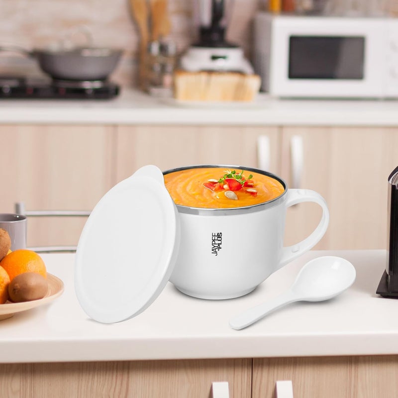 Jaypee Plus Souptok Stainless Steel Soup Bowl with Lid Spoon Holder Coffee Tea Mug Cup for Kids Best Gift for All White 07 Liters - Image 2