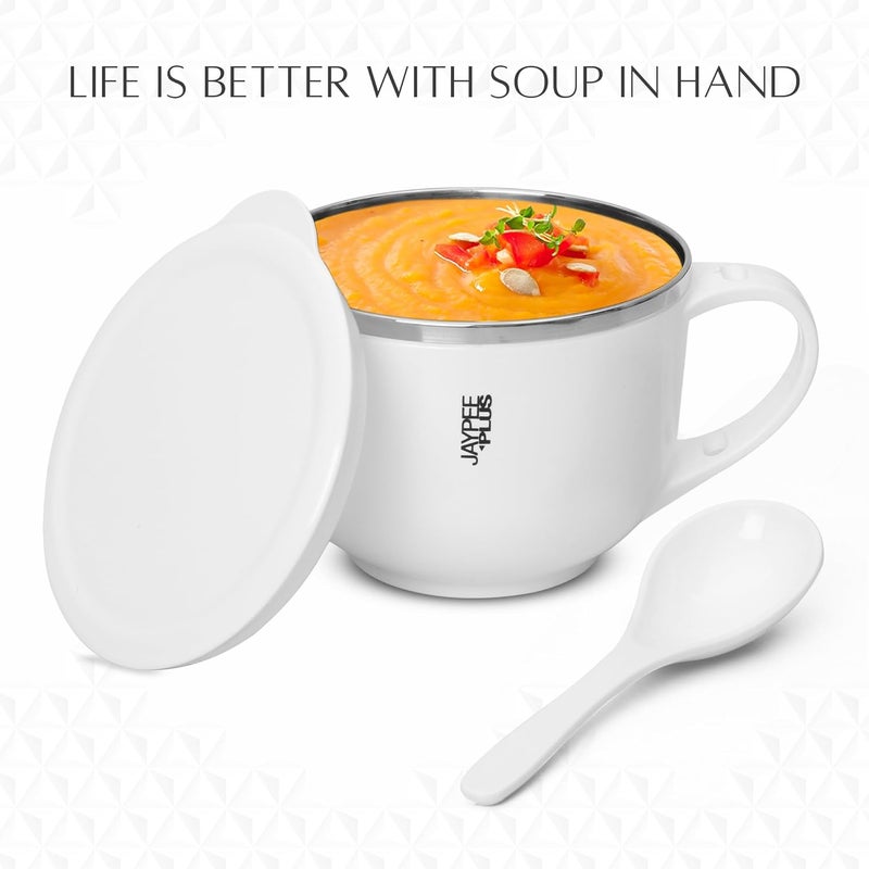 Jaypee Plus Souptok Stainless Steel Soup Bowl with Lid Spoon Holder Coffee Tea Mug Cup for Kids Best Gift for All White 07 Liters - Image 3
