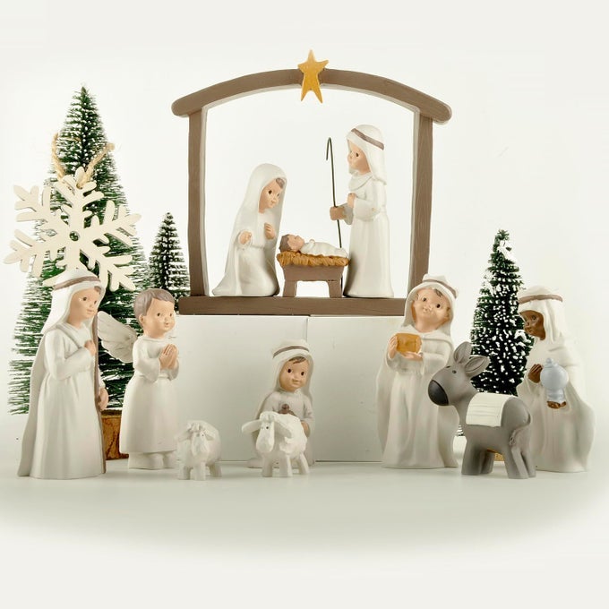 12PIECE RESIN CHRISTMAS NATIVITY SCENE SET MINIATURE HOLY FAMILY FIGURINES WITH MANGER AND ANIMALS INDOOR HOLIDAY TABLETOP DISPLAY