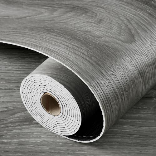 LaCheery Peel and Stick Wood Flooring Grey Wood Grain Vinyl Flooring Roll Peel and Stick Floor Tile Bathroom Kitchen Wood Flooring Planks Waterproof Self Adhesive Removable Foam Wall Paper 15.8"x80" - Image 1
