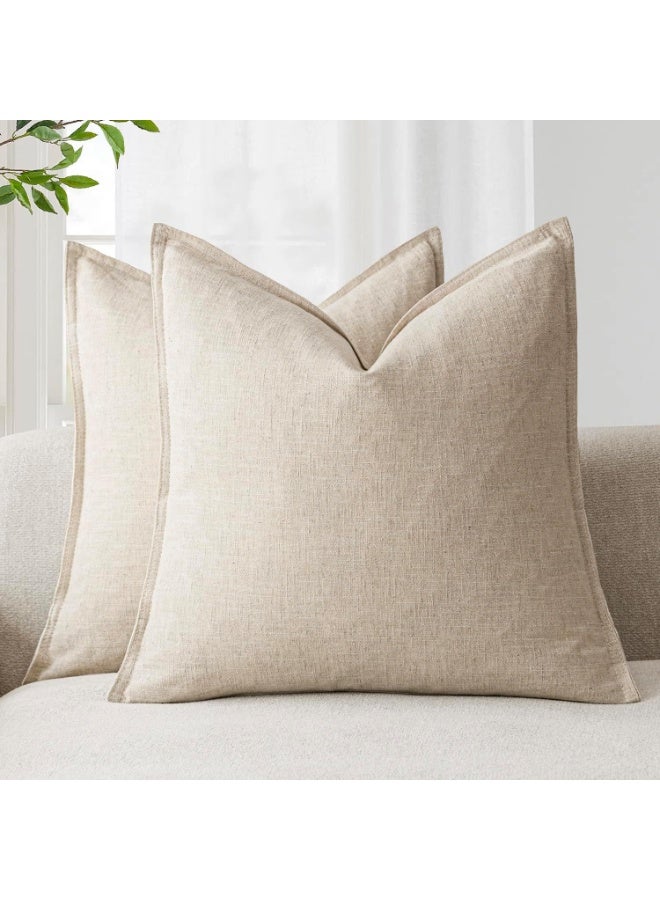 Home Care Pack of 2 Decorative Linen Throw Pillow Covers – Soft Neutral Cushion Cases for Couch, Sofa, Bedroom, or Living Room | Boho Farmhouse Style | 18x18 Inch – Natural Beige  - Image 1