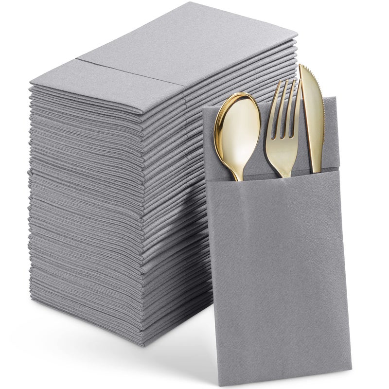 Disposable LinenFeel Dinner Napkins With Builtin Flatware Pocket 50Pack GRAY Prefolded Cloth Like Paper Napkins For Wedding Dinner Or Party