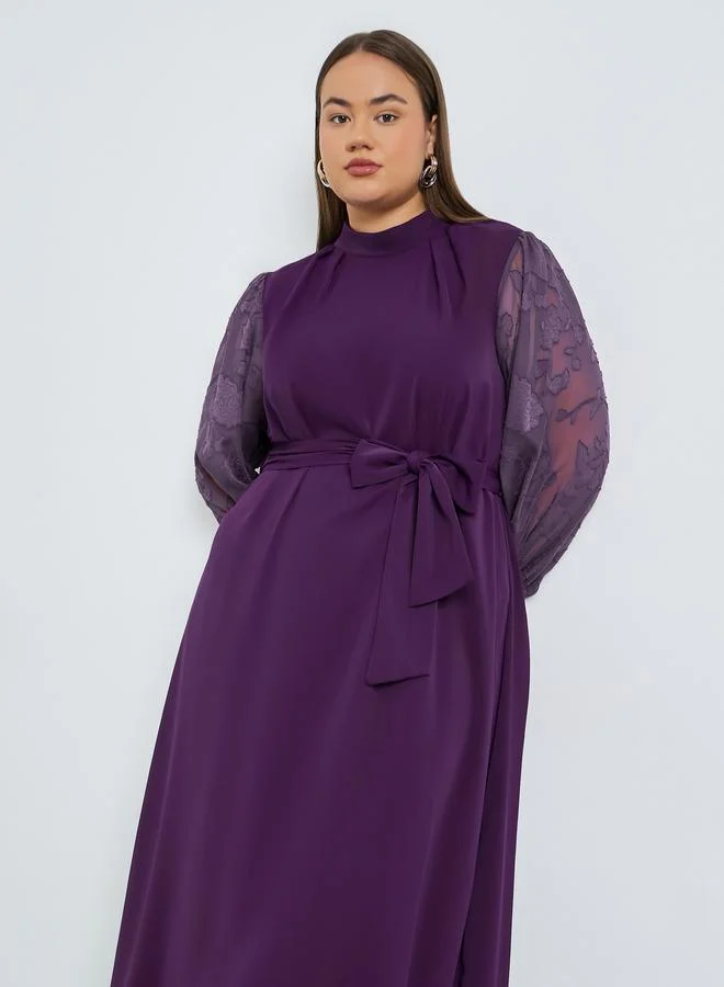 Styli Plus Size Jacquard Sleeve Maxi Dress with Tie Belt