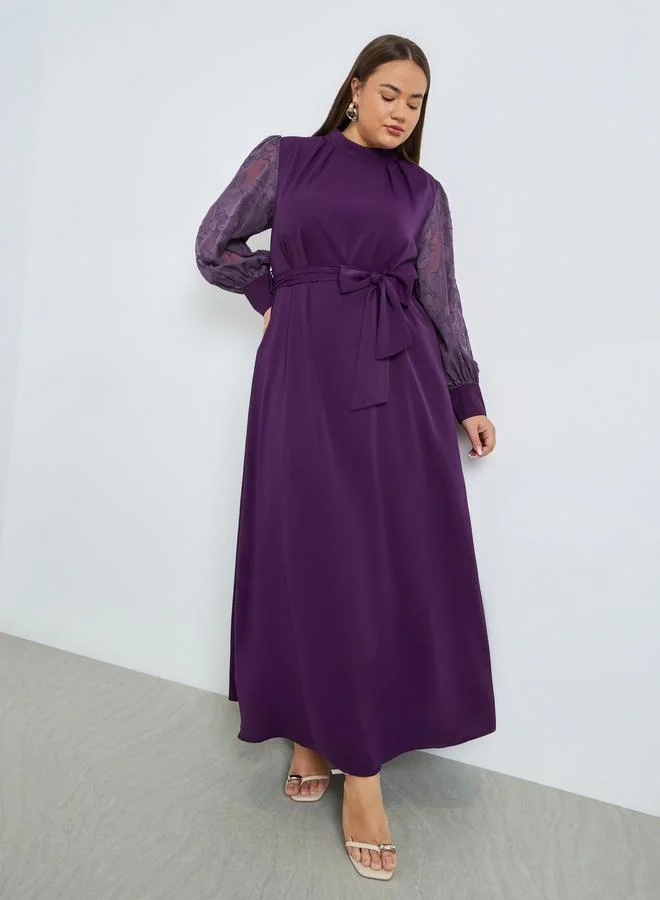 Styli Plus Size Jacquard Sleeve Maxi Dress with Tie Belt