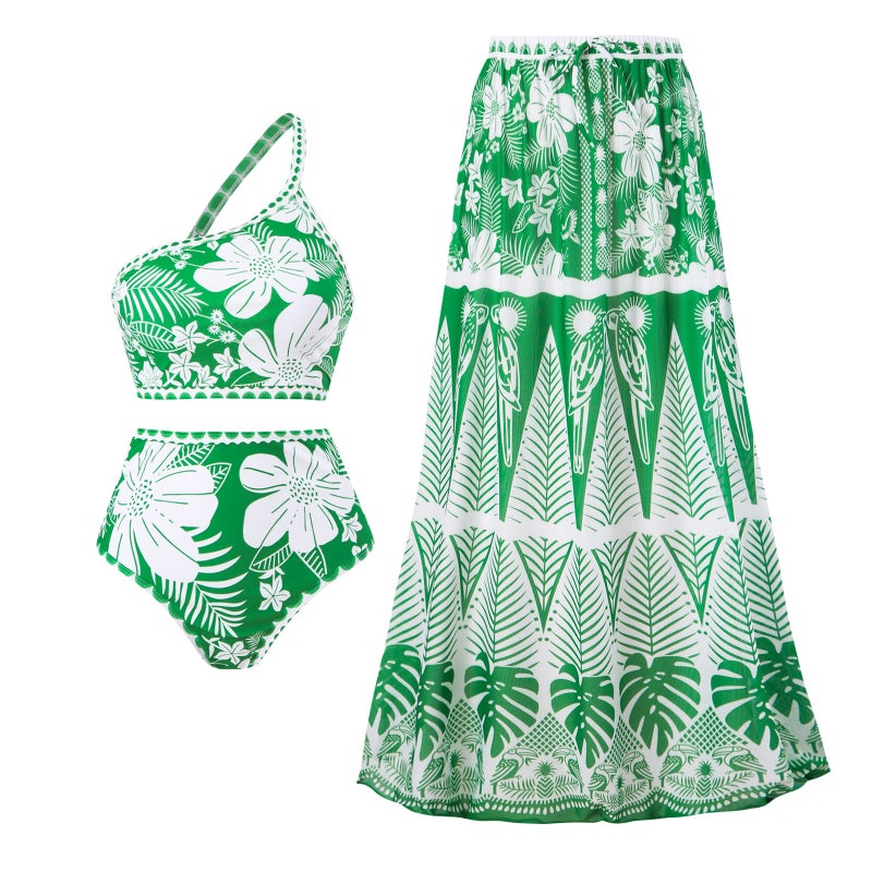 Retro One-Shoulder Split Swimsuit Women'S Mesh Sun Protection Beach Dress Suit - Image 5