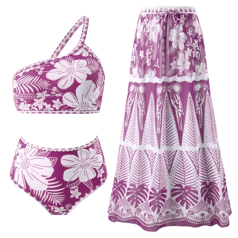 Retro One-Shoulder Split Swimsuit Women'S Mesh Sun Protection Beach Dress Suit - Image 1