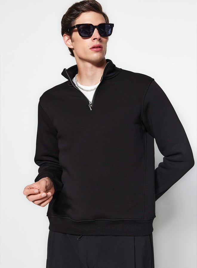 trendyol Black Regular/Normal Cut Stand Collar Zippered Cotton Basic Polar Fleece Sweatshirt TMNAW24SW00041 - Image 1