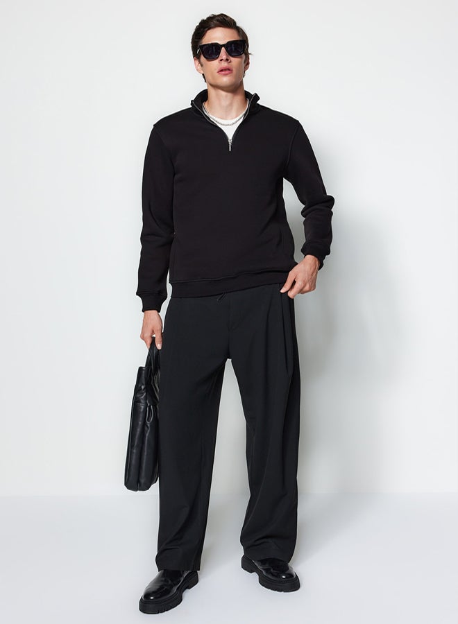 trendyol Black Regular/Normal Cut Stand Collar Zippered Cotton Basic Polar Fleece Sweatshirt TMNAW24SW00041 - Image 4