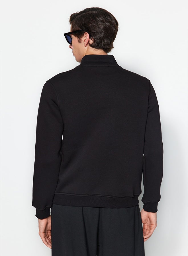 trendyol Black Regular/Normal Cut Stand Collar Zippered Cotton Basic Polar Fleece Sweatshirt TMNAW24SW00041 - Image 5