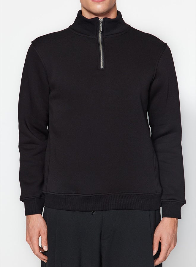trendyol Black Regular/Normal Cut Stand Collar Zippered Cotton Basic Polar Fleece Sweatshirt TMNAW24SW00041 - Image 2