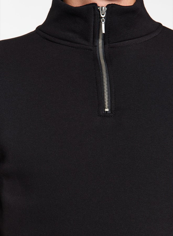 trendyol Black Regular/Normal Cut Stand Collar Zippered Cotton Basic Polar Fleece Sweatshirt TMNAW24SW00041 - Image 3