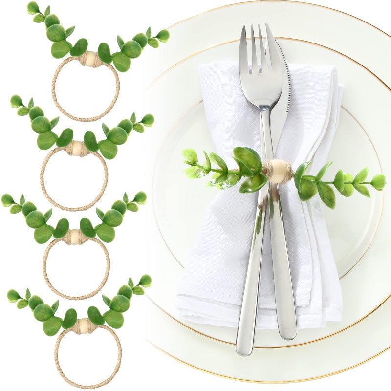 Hoolerry Set of 20 Summer Eucalyptus Napkin Rings Bulk for Wedding Baptism Party Table Decor Banquet Dinning Farmhouse Boho Green Leaf Greenery Napkin Rings Holder with Wood Beads - Image 1