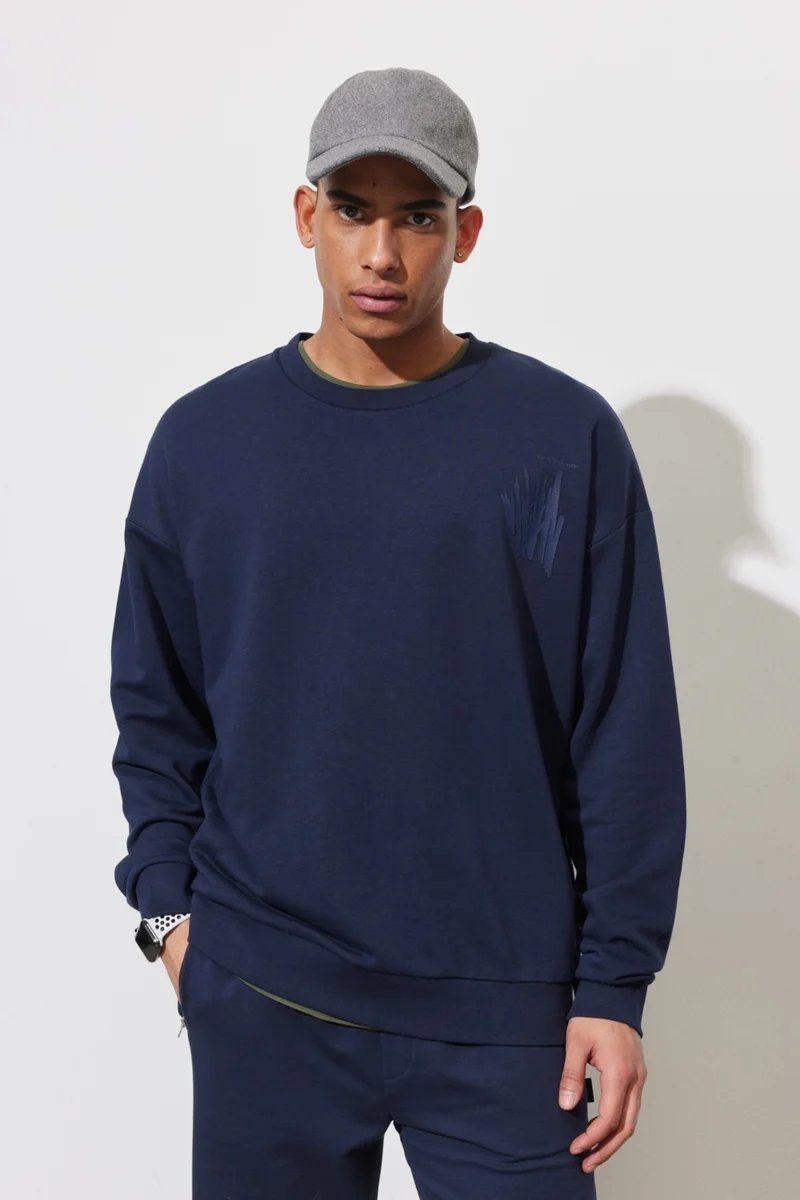 Altınyıldız Classics Men's Navy Blue Oversize Loose Cut Crew Neck Printed Cotton Sweatshirt