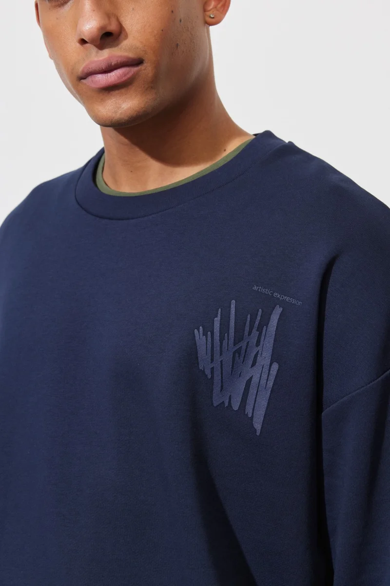 Altınyıldız Classics Men's Navy Blue Oversize Loose Cut Crew Neck Printed Cotton Sweatshirt