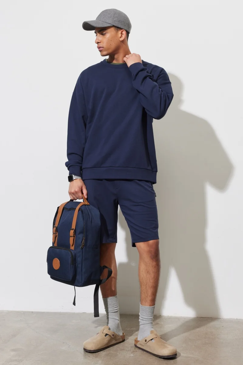 Altınyıldız Classics Men's Navy Blue Oversize Loose Cut Crew Neck Printed Cotton Sweatshirt