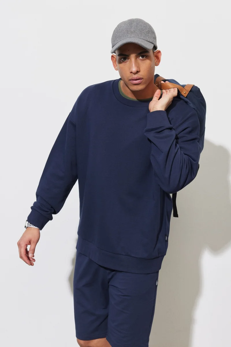 Altınyıldız Classics Men's Navy Blue Oversize Loose Cut Crew Neck Printed Cotton Sweatshirt