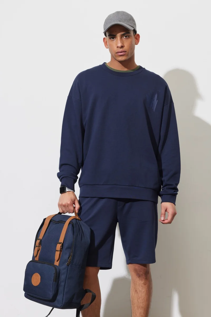 Altınyıldız Classics Men's Navy Blue Oversize Loose Cut Crew Neck Printed Cotton Sweatshirt