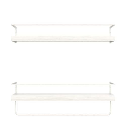 Shario Floating Shelves - Set of 2, Wall Mounted Hanging Shelves with White Towel Rack, Decorative Storage Shelves for Bathroom, Kitchen, Living Room & Bedroom (Rustic White) - Image 4