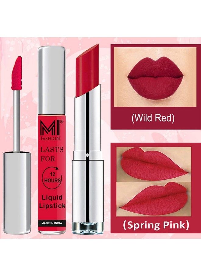 MI FASHION Made In India Lipstick Combo Offers 100% Veg Long Lasting Spring Pink Liquid Matte Lipstick Red Bomber Creamy Matte Lipstick  - Image 4