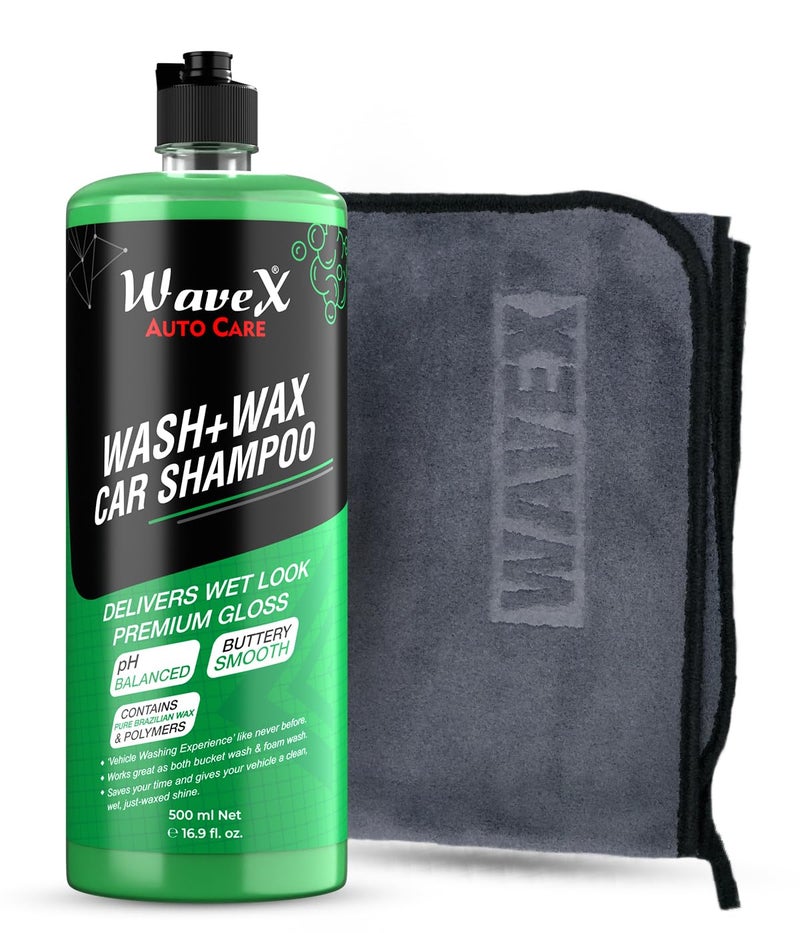 WaveX Microfiber Cleaning Towel – 500 GSM, 35x75 cm and Wash & Wax Car Shampoo 500ml Gives Wet Look Shine, Buttery Smooth Feel, pH Neutral - Leaves no Water Spots - Image 1